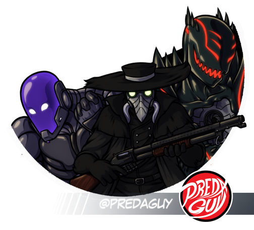The black section of a Color Wheel Challenge. This includes a robot man, a plague doctor and an alien goop character.