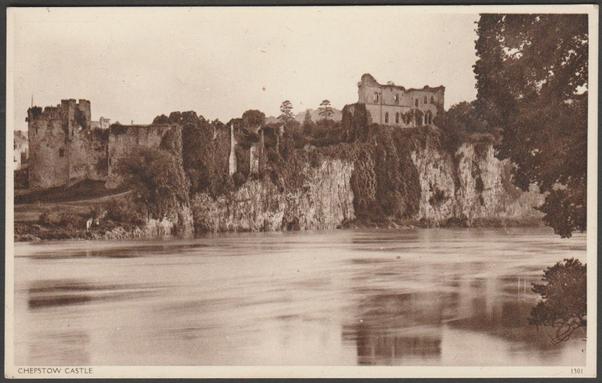 Printed sepia postcard showing a view of Chepstow Castle in Monmouthshire.
Publisher not stated, No 1301, with 1940 Winston Churchill quote on the back.
Postally unused.
Very good condition, with very slight corner bumps.