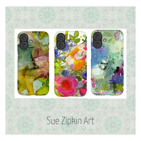 There are three phone cases in the picture: one has a marble texture, another features a loose floral painting, and the last showcases an abstract design with various shades of blue and sketch marks.