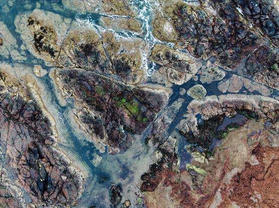 Straight-down bird's-eye drone view of a gabbro outcrop, part of the ophiolite complex at Ballantrae