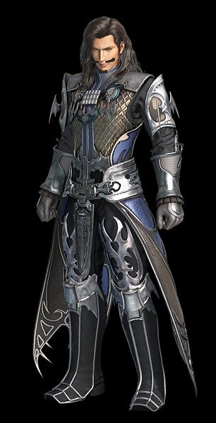 Vayne, a 3D anime esque man with shoulder length black hair and in fairly elaborate fantasy armor, from Final Fantasy 12. A pencil mustache and chin beard has been crudely drawn on.
