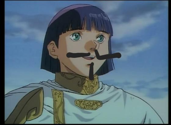 Etoh, an anime man with a purple bob cut and is wearing priest robes. He has also had a crude pencil mustache and beard drawn on. He is from Record of Lodoss War.