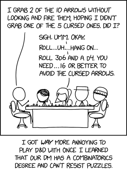 The comic depicts five people sitting around a table playing Dungeons & Dragons.

The player on the left says, "I grab 2 of the 10 arrows without looking and fire them, hoping I didn’t grab one of the 5 cursed ones. Did I?" The Dungeon Master (DM), a person sitting in the middle of the group, responds, "Sigh... Umm. Okay. Roll... uh... hang on... Roll 3d6 and a d4. You need... 16 or better to avoid the cursed arrows." Other players watch silently, one of them wearing a hat and another a beanie.

Caption Below: "I got way more annoying to play D&D with once I learned that our DM has a combinatorics degree and can’t resist puzzles."

Hidden text: "Look, you can't complain about this after giving us so many scenarios involving N locked chests and M unlabeled keys."