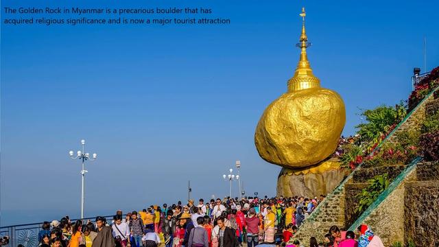 photo - the Golden Rock in Myanmar is a precarious boulder that has acquired religious significance and is now a major tourist attraction