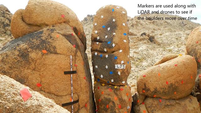 photo - markers are used along with LiDAR and drones to see if the boulders move over time