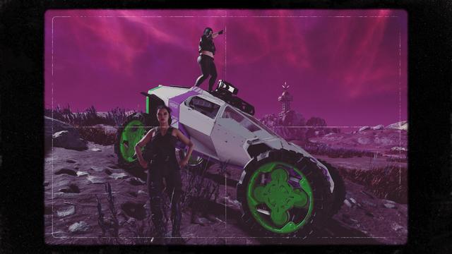 Screenshot from Starfield depicting my character atop the Deimog vehicle while companion Andreja stands in the foreground.