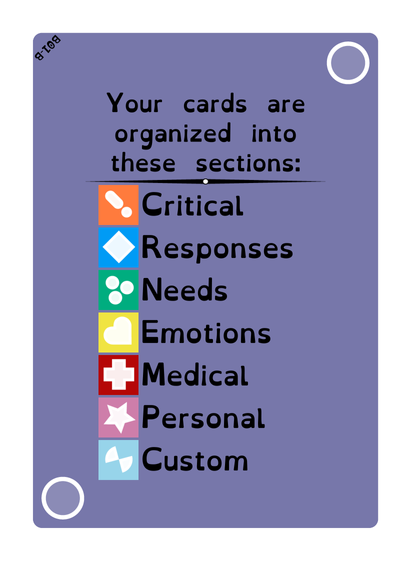 A card lists the colors and symbols for each category found in a CommCards deck:
In orange with an exclamation point: "Critical."
Blue with a diamond: "Responses."
Green with three circles: "Needs."
Yellow with a heart: "Emotions."
Red with a thick plus: "Medical."
Rich pink with a star: "Personal."
Teal with an hourglass-like sign: "Custom."