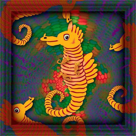 Ein gelbes Seepferdchen aus Ellipsen gezeichnet in einem Rahmen.

A yellow seahorse drawn from ellipses in a frame.