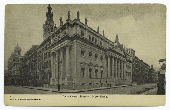 The photograph depicts a historic building labeled "New Court House" in New York City from an old postcard by I.J. Stern of Brooklyn. The court house features grand neoclassical architecture with prominent columns and statues adorning the facade, which gives it a stately appearance reflective of early 20th-century design. It is situated on what appears to be a street lined with lamps or bollards along its frontage. There's an overcast sky suggesting either dawn or dusk lighting conditions in this black-and-white image. The text at the bottom indicates that the postcard was published by I.J. Stern, Brooklyn N.Y., and bears the number "7T."