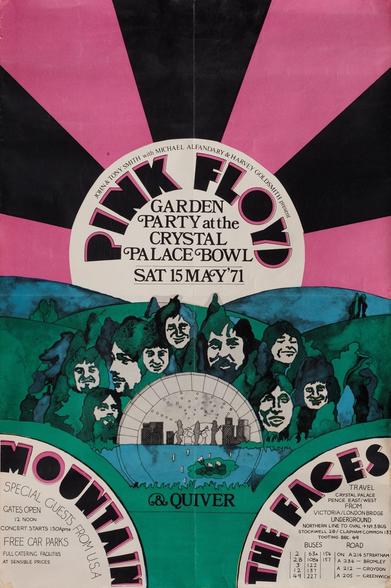 Dessin au trait représentant les membres dr groupe, lettrage dessiné et fond psychédélique noir et rose?