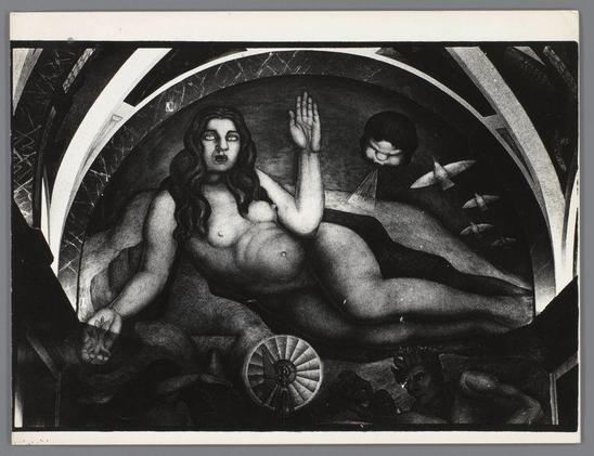 The image depicts a black and white photograph of Diego Rivera's mural "Canto a la tierra y a los que la trabajan y liberan" located in the chapel at Universidad Autónoma Chapingo in Texcoco, Mexico. The mural features three figures: one central figure with long hair is raising their right hand while holding something small and dark between their fingers; on either side of this person are two other figures who appear to be looking towards or interacting with them.

The style of the photograph by Ed van der Elsken captures a detailed view of Rivera's mural, showcasing his signature use of bold lines and shading to create strong contrasts. The image conveys both the grandeur of Rivera’s work as well as its historical context within Mexican art history.