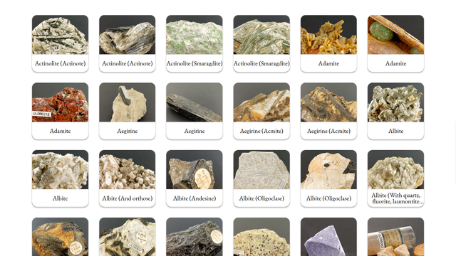 mosaïque de 24 images  d'échantillons minéralogiques allant d'Actinote à Albite