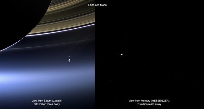 Earth as seen from Saturn and Mercury.