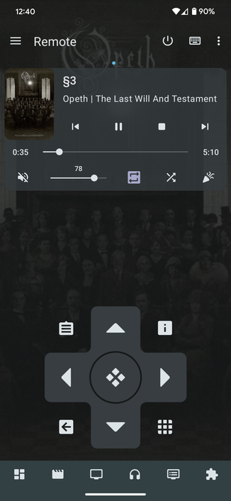 Screenshot Kodi remote on the smartphone, it shows playing the new Opeth album