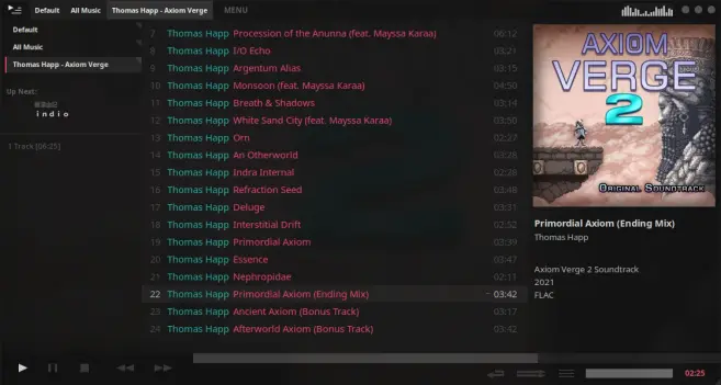 A screen-grab of Tauon, a music app for Linux. Unlike most music apps options it features a bespoke design that favours simplicity - it's just replaced Strawberry (a fork of Clementine) which looks and feels way over-complicated by comparison. It features a dark theme with red and green text. An album is shown, cover art and a full track listing - it's The OST for game Axiom Verge 2 which ansolutely deserves a listen for the beautiful arabic vocals of Maysaa Karaa.
