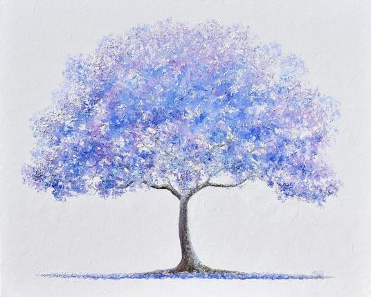 A solitary Jacaranda tree with a sturdy trunk showcases a blooming canopy of soft lilac and blue hues against a white background. The gentle blend of colors evokes a serene and dreamlike atmosphere. A thickly textured oil painting of a solitary Jacaranda with a canopy of purple  blue blossoms.