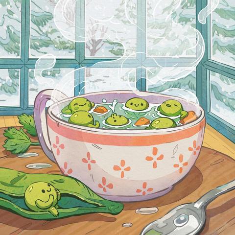 illustration of cute pea characters taking a hot bath in a cup of soup