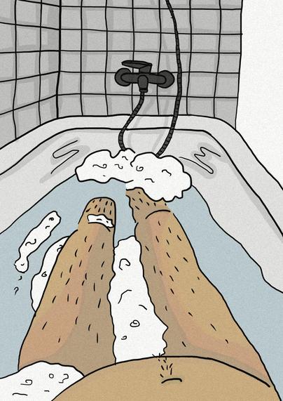 Dessin d'un pov d'une personne qui est dans sa baignoire en train de prendre un bain. On voit ses jambes, ses poils et son ventre.