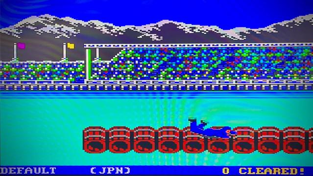 In-game Screenshot of The Wii Virtual Console c64 Game 'World Games'. Showing a failed attempt in the event. 'Barrel Jumping' showing the text '0 CLEARED'