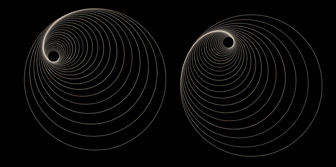 two patterns of non-concentric but adjactent unfilled circles on a black background