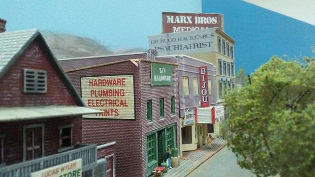 A look down an N-scale Main Street.