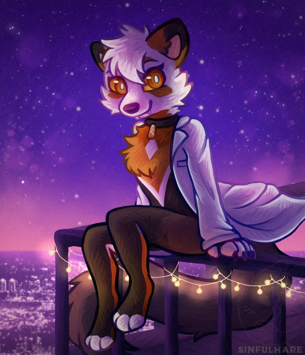 Digital painting of an anthro pine marten wearing a lab coat sitting over a railing on top of a building. There are fairy lights around the railing. In the background is a city at night with stars in the sky.