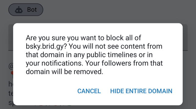 Screenshot of popup asking if I am sure that I want to block all of bsky.brid.by, saying it will remove my followers from that domain