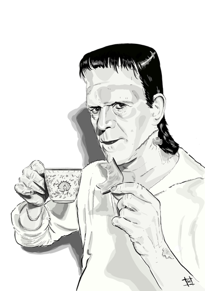 black & white digital pencil & ink drawing of boris karloff on the set of 1931's 'frankenstein', all kitted out as the creature.
in his right hand, he holds a patterned cup which, presumably, contains a liquid of the sort that helped him cope with endless hours in the makeup chair. in his left, a half-devoured slice of toast bears bite marks. he gazes directly at the camera.