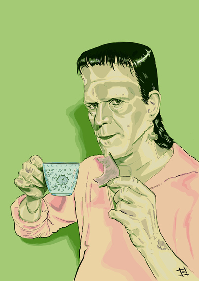 digital pencil & ink drawing of boris karloff on the set of 1931's 'frankenstein', all kitted out as the creature.
in his right hand, he holds a patterned cup which, presumably, contains a liquid of the sort that helped him cope with endless hours in the makeup chair. in his left, a half-devoured slice of toast bears bite marks. he gazes directly at the camera.
colours are light acid green, deep acid green, rose, black, cream & light blue.