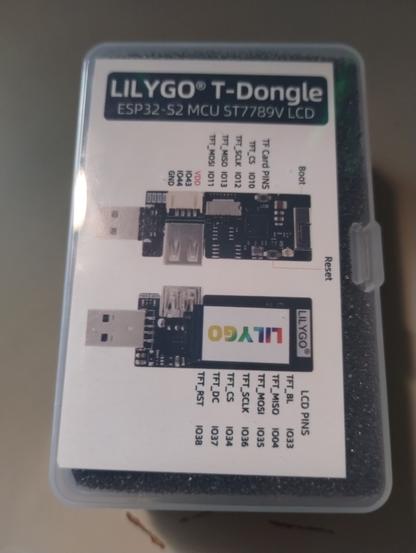 lilygo T-Dongle ESP32-S2 with ST7789 LCD screen, OTG USB, Grove port, SD card reader
Plugs directly into USB port, and came in a little smokey black case (see though)