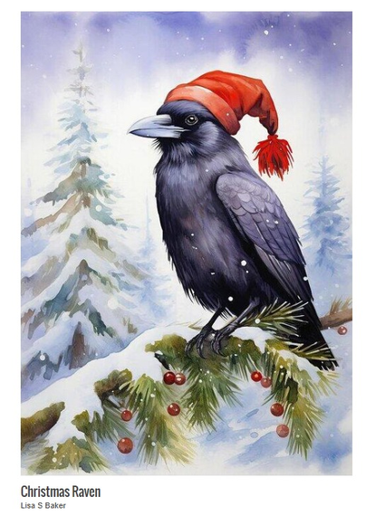 An art print of a raven wearing a santa hat sitting on a snowy pine branch. Art by Lisa S Baker.
