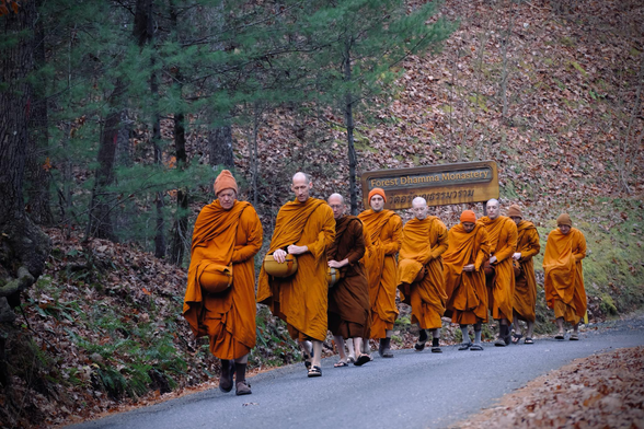 9 monks from Forest Dhamma Monastery on alms round on a cold November morning.