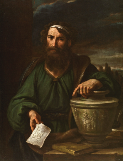 The philosopher Epicurus is shown as a bearded man with a white fillet around his head and wearing a green robe. He rests one arm on a figuratively decorated stone vase . while in his other hand he holds a white sheet with writing upon it. in the background is a darkly clouded sky and treetops.