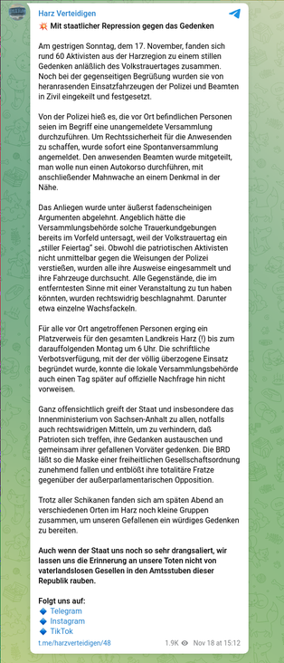 Telegram-Post des Neonazi-Kanals "Harz verteidigen"
