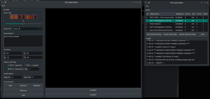 This is a screenshot of the editor I'm working on, There are two windows, let leftmost show the list of the existing maps, the rightmost instead show the details of the selected map.
In this case there are all the doors parameters. Doors can be selected using a drop down menu, the map is not visible yet, but it will be take place in this window.