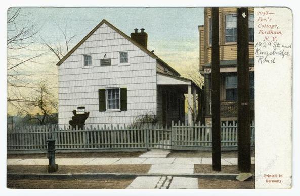 The image depicts a vintage postcard featuring an illustration of Poe's Cottage located in Fordham, New York City. The cottage is painted white with green shutters and windows. A decorative picket fence surrounds the property, and there are two visible chimneys on top of the house. To the left side, we see part of another building that appears to be residential or commercial.

In front of Poe's Cottage stands a small dog statue positioned near the entrance steps leading up to the door. The illustration is done in muted tones with shades of green, white, and beige dominating the palette. There are street signs indicating "182 St" and "Kingbridge Rd," suggesting that this location could be on or around these streets.

At the top right corner of the postcard, there's a handwritten note identifying it as Poe's Cottage in Fordham with its address: 19th Street at King Bridge Road. The year printed is labeled as '2058,' although it seems to represent an earlier date possibly mistakenly transcribed on this historical piece.

The bottom right corner of the postcard states "Printed in Germany," indicating where and when the card was produced, likely during a time when German printing presses were common for such items. The overall look suggests that this image is intended to evoke nostalgia or pay homage to Poe's Cottage as an important literary landmark associated with American author Edgar Allan Poe.