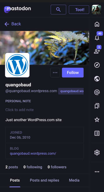 view from my kolektiva.social login to my kolektiva.social account viewed in Google Chrome browser of the browser version of the mastodon.social app of a Wordpress account on the fediverse for my Wordpress Quangobaud account