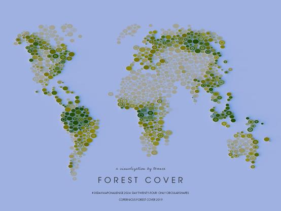 A visualisation of global forest cover as circles filled with different shades of green. Data from Copernicus 2019.