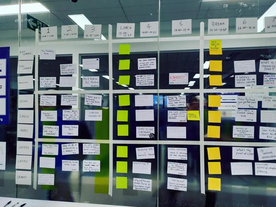 The grid of talks at Barcamp London, along the top are the times of the sessions, and down the left hand side is the list of rooms. In the grid are postcards giving descriptions of all the talks.