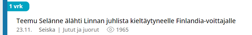 Kuvakaappaus Amppareiden otsikkolistasta. 1 vrk sitten Seiska on otsikoinut, että Teemu Selänne älähti Linnan juhlista kieltäytyneelle Finlandia-voittajalle.