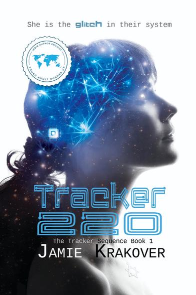 Cover of tracker220 profile of girl looking up with neurons and tracking chip in her head