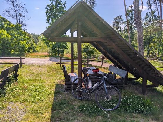 Rower oparty o wiatę leśnego parkingu. Las za nim został wycięty i teraz stoją tam tylko nieliczne drzewa.