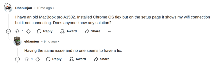 Screenshot of two users on Reddit having similar issues with WiFi.