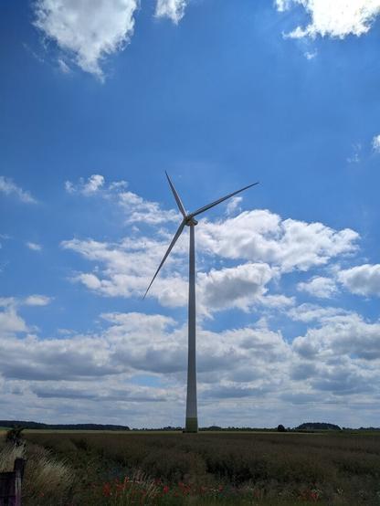 Stojący pośród pól biały wiatrak odcina się na tle nieba.
