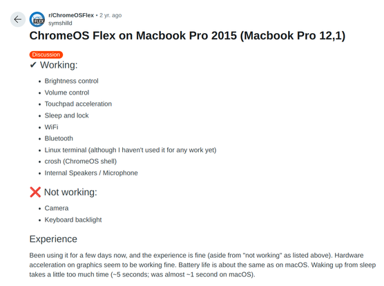 Screenshot from Reddit of a user who completed the install, listing problems with the Camera and backlight under ChromeOS Flex.