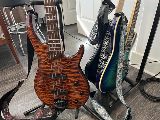 A close-up photo of a brown bass guitar body, with another bass and an electric guitar on a multi-guitar stand immediately behind it. The subject bass has a wavy pattern on the body, and has two narrow, rectangular pickups and three plain black knobs. Each pickup has a small, white “EMG” logo in the lower-right corner. A black strap hangs off the bass, with red flower motifs.