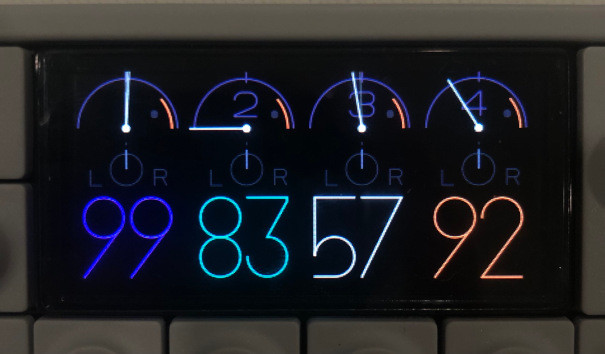 teenage engineering OP-1 mixer screen with the colors blue, green and orange swapped out for purple, cyan, and a brighter orange