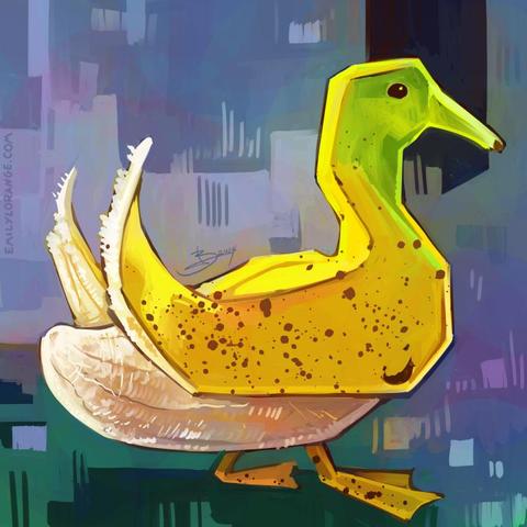 a digital painting of a duck made from a banana. it's bill makes up the green stem, moving into speckled yellow down its neck with the open peel as its wings. the main fruit makes up its body and tail. two speckled webbed feet support it. it is seen in profile, walking towards the right of the image. the back ground is abstracted lines and squares, in blues and greens.