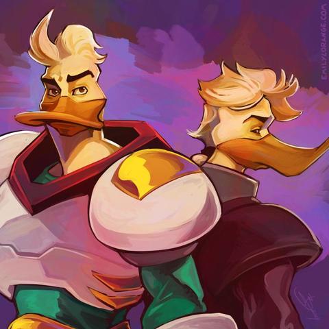 a digital painting of two anthropomorphic ducks. the one of the left stands facing the viewer, wearing predominantly white armor and more engaging expressing. the one on the left is seen in profile but mainly facing away, wearing predominantly black armor, and a more passive expression. both are rendered in a painterly style, against a blue-purple background.