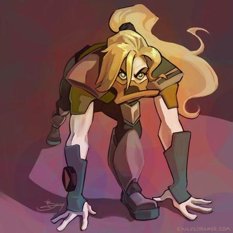 a digital painting an anthropomorphic duck.  she is surrounded by an abstracted maroon background made of her own cast shadow. she is leaning far forward, in a pose similar to a runners lunge. she is looking straight ahead, determined.